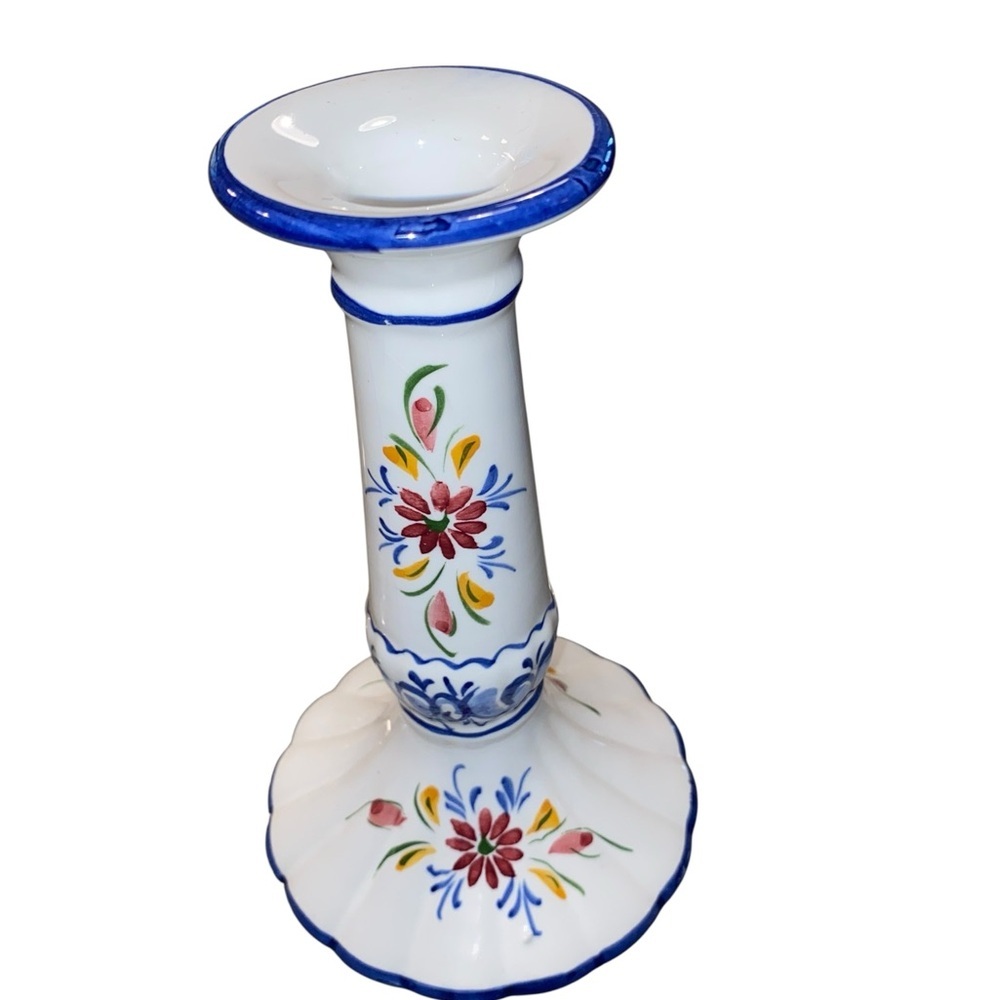 Vintage Ceramic Hand painted floral blue & white Candle Holder Portugal Signed